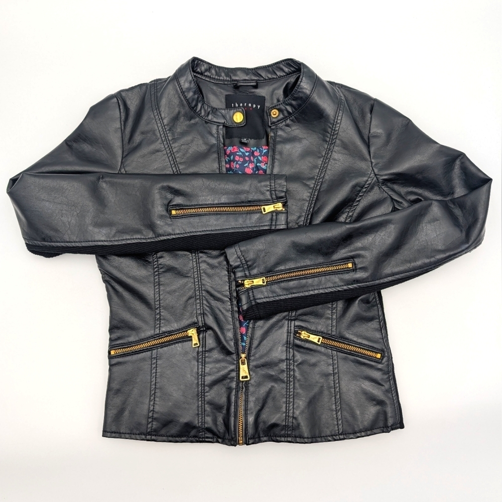 Therapy Faux Leather Jacket Lined Biker Moto Brassy Gold Accents Women Size S - Picture 3 of 17